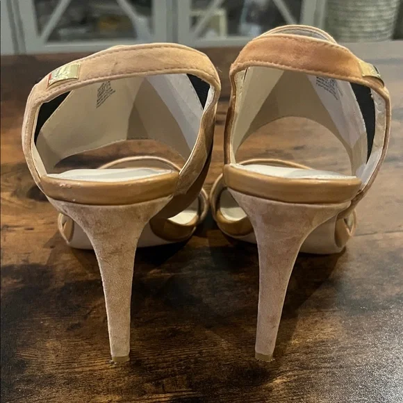 Calvin Klein Safari Suede Heeled Sandals in almond tan - Picture 3 of 4